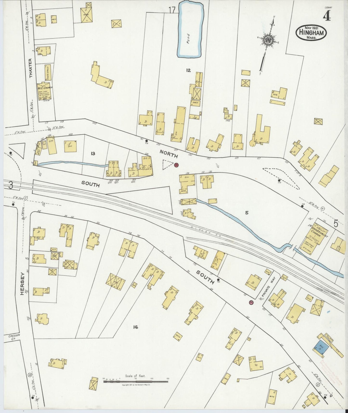 Sanborn Fire Insurance Map from Hingham, Plymouth County, Massachusetts (1921), Sheet #0004 - Complete Map Set gallery image, historic Sanborn map, vintage wall art, Massachusetts Massachusetts