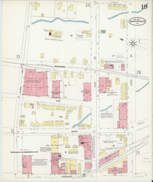 Sanborn Fire Insurance Map from Winston-Salem, Forsyth County, North Carolina (1907), Sheet #0019 - Historic Sanborn Fire Insurance Map Print, vintage old map wall art, antique decor, genealogy gift, North Carolina North Carolina map