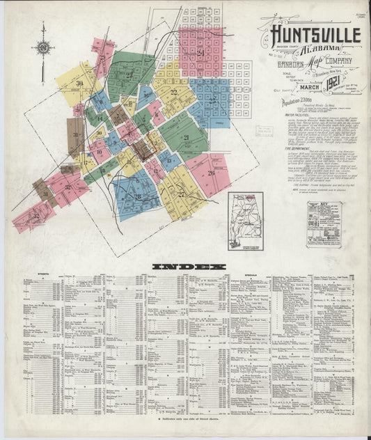Sanborn Fire Insurance Map from Huntsville, Madison County, Alabama (1921), Sheet #0001 - Historic Sanborn Fire Insurance Map Print, vintage old map wall art, antique decor, genealogy gift, Alabama Alabama map