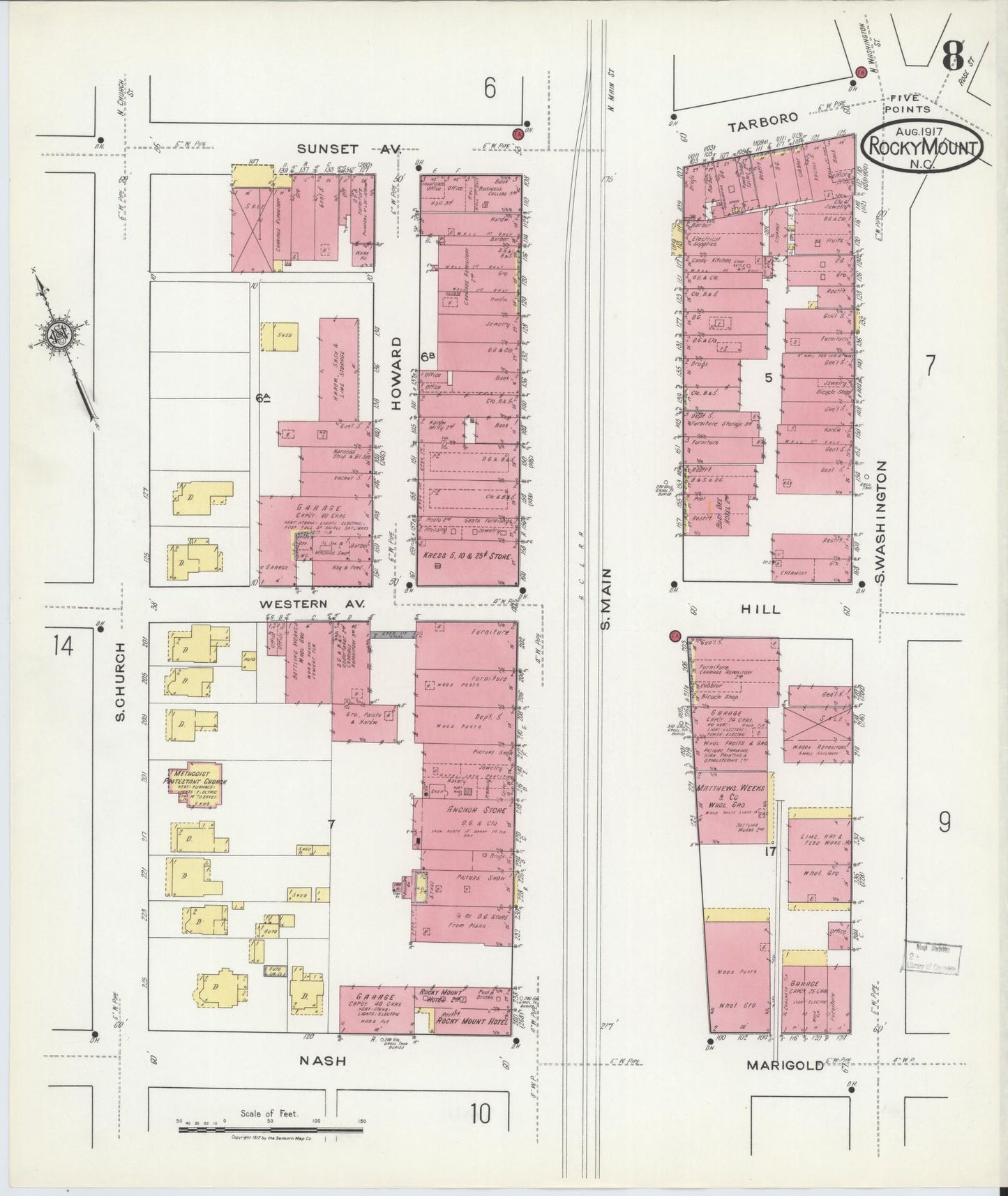 Sanborn Fire Insurance Map from Rocky Mount, Edgecombe And Nash Counties, North Carolina (1917), Sheet #0008 - Complete Map Set gallery image, historic Sanborn map, vintage wall art, North Carolina North Carolina