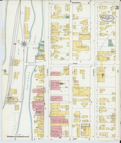 Sanborn Fire Insurance Map from Traverse City, Grand Traverse County, Michigan (1904), Sheet #0003 - Historic Sanborn Fire Insurance Map Print, vintage old map wall art, antique decor, genealogy gift, Michigan Michigan map
