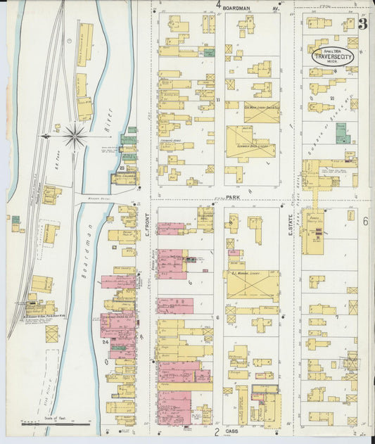 Sanborn Fire Insurance Map from Traverse City, Grand Traverse County, Michigan (1904), Sheet #0003 - Historic Sanborn Fire Insurance Map Print, vintage old map wall art, antique decor, genealogy gift, Michigan Michigan map