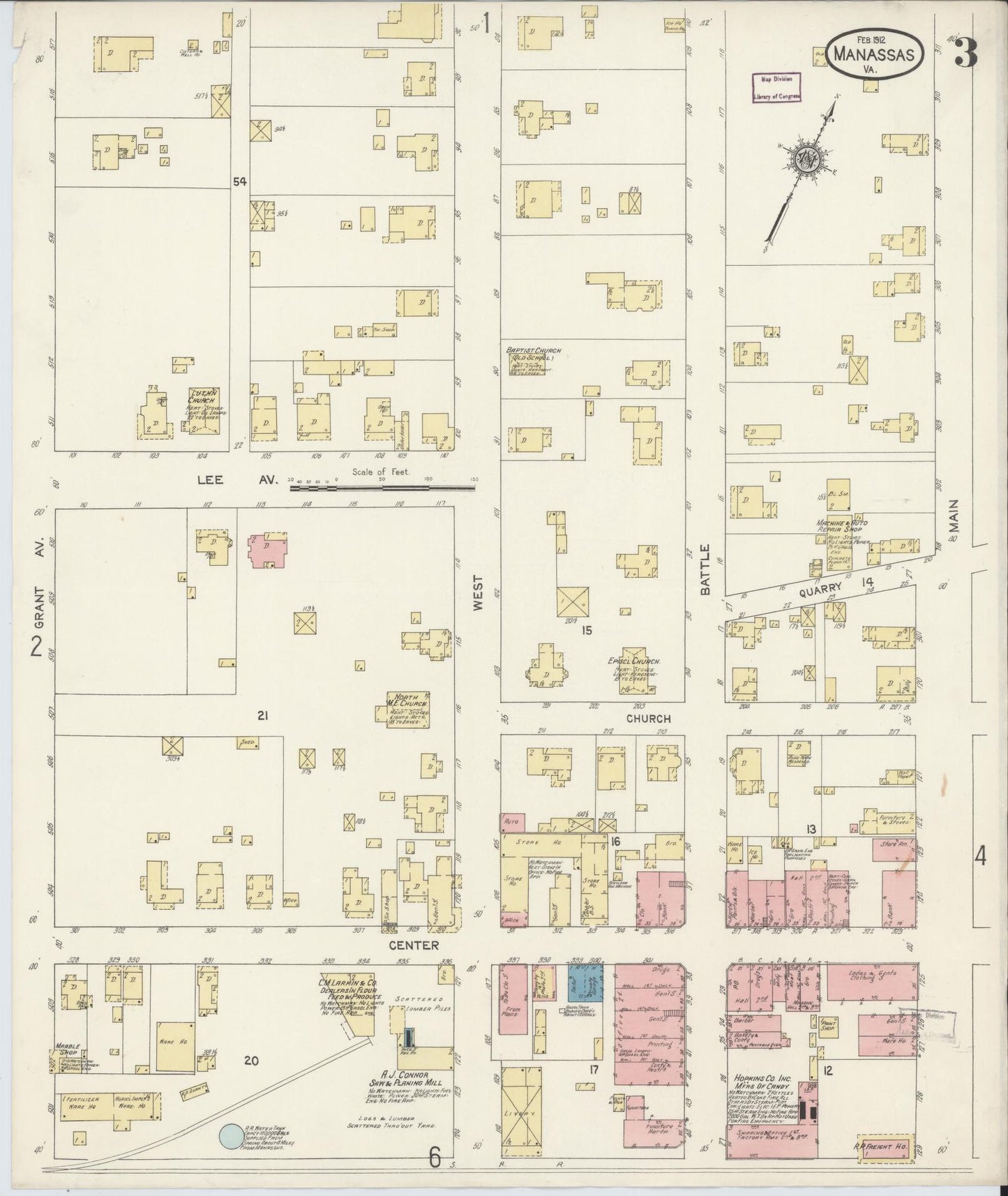 Sanborn Fire Insurance Map from Manassas, Independent Cities, Virginia (1912), Sheet #0003 - Complete Map Set gallery image, historic Sanborn map, vintage wall art, Virginia Virginia