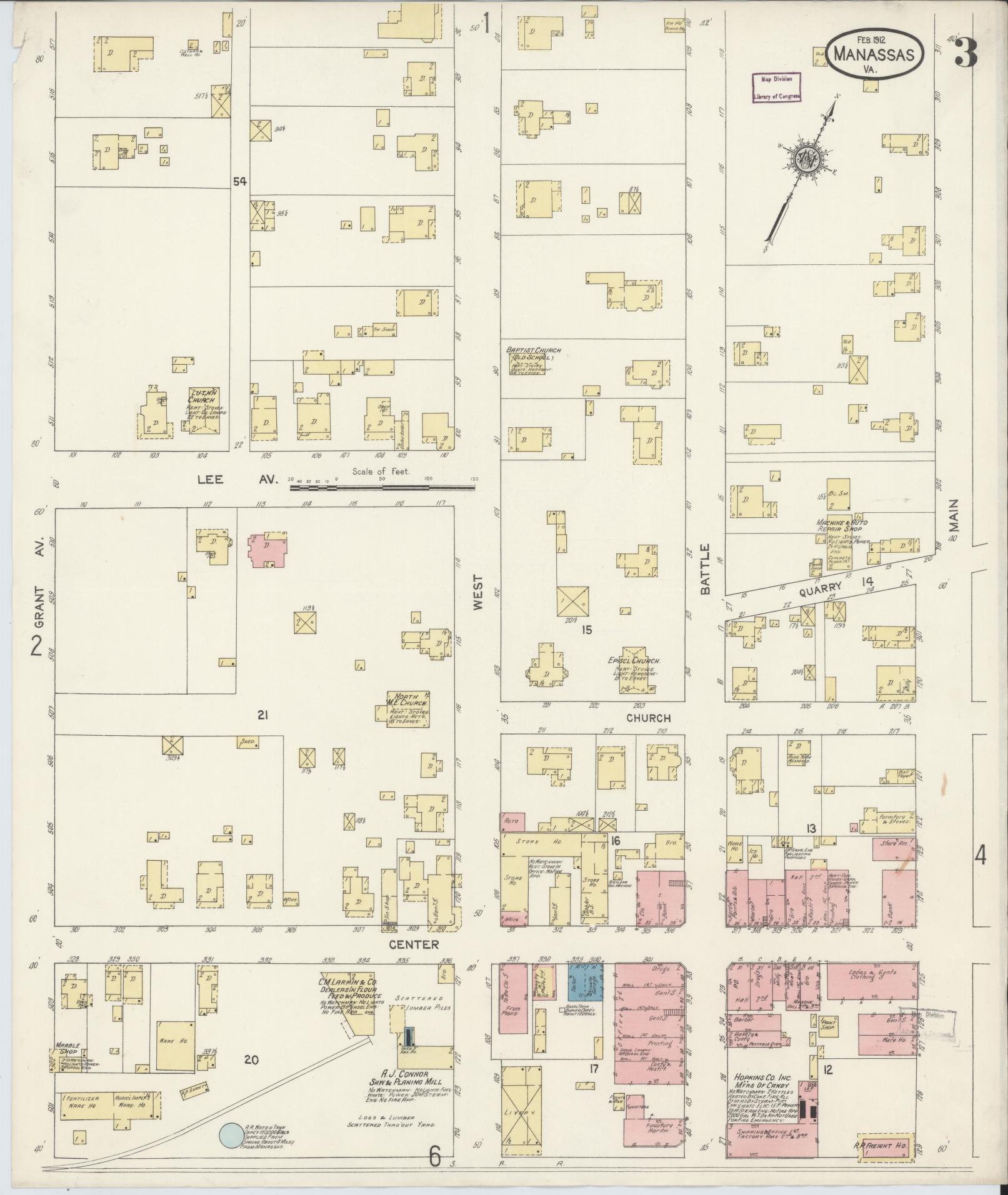 Sanborn Fire Insurance Map from Manassas, Independent Cities, Virginia (1912), Sheet #0003 - Complete Map Set gallery image, historic Sanborn map, vintage wall art, Virginia Virginia