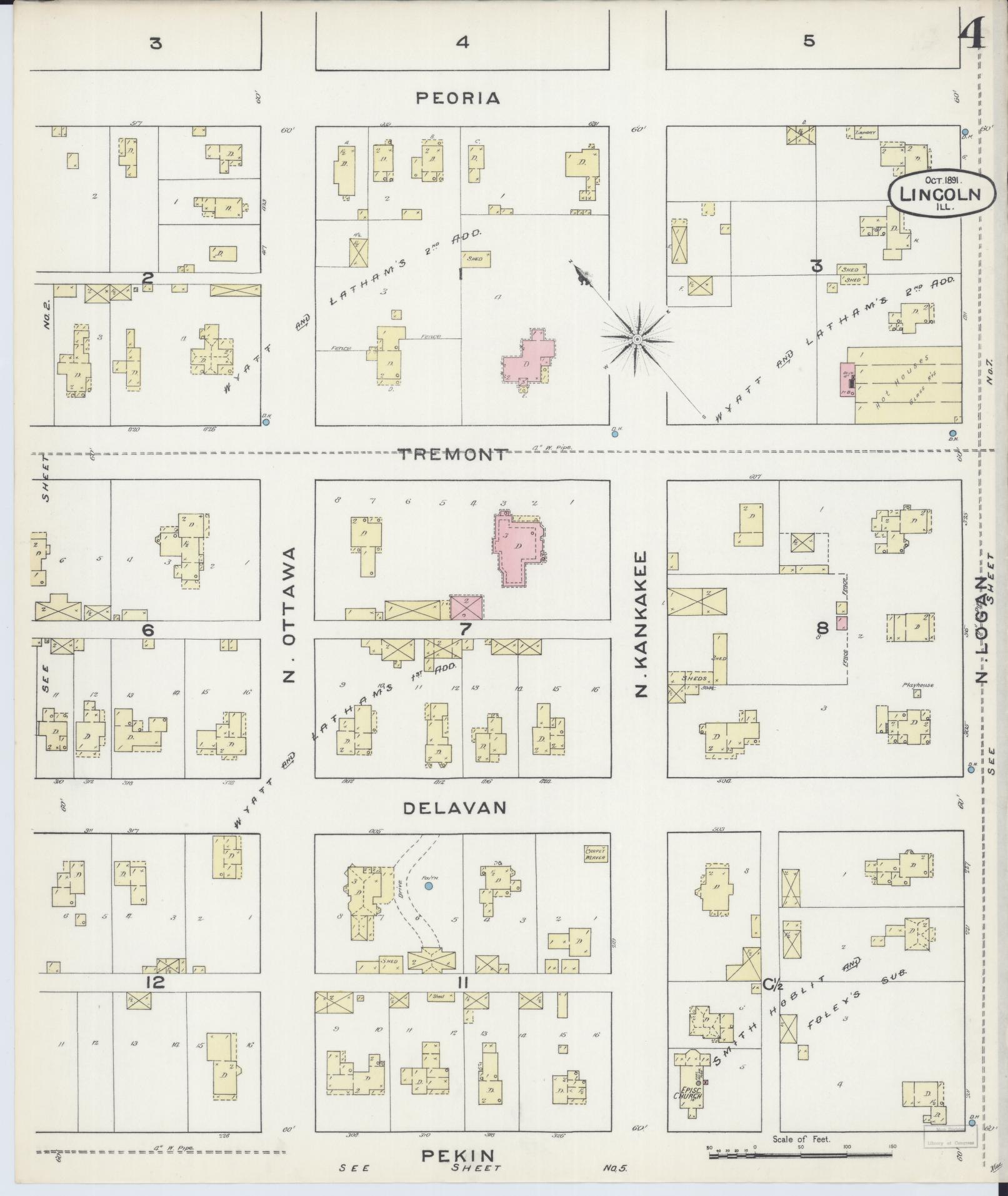Sanborn Fire Insurance Map from Lincoln, Logan County, Illinois (1891), Sheet #0004 - Historic Sanborn Fire Insurance Map Print, vintage old map wall art, antique decor, genealogy gift, Illinois Illinois map