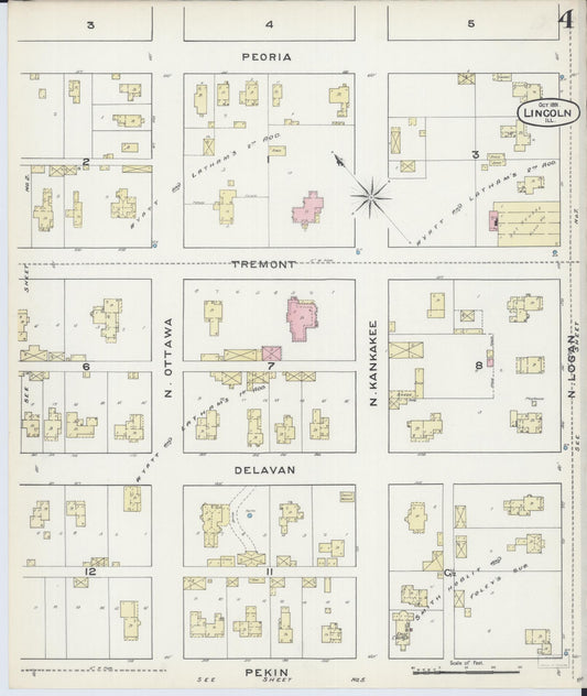 Sanborn Fire Insurance Map from Lincoln, Logan County, Illinois (1891), Sheet #0004 - Historic Sanborn Fire Insurance Map Print, vintage old map wall art, antique decor, genealogy gift, Illinois Illinois map