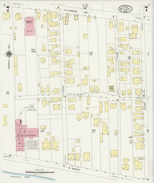 Sanborn Fire Insurance Map from Biloxi, Harrison County, Mississippi (1925), Sheet #0007 - Historic Sanborn Fire Insurance Map Print, vintage old map wall art, antique decor, genealogy gift, Mississippi Mississippi map