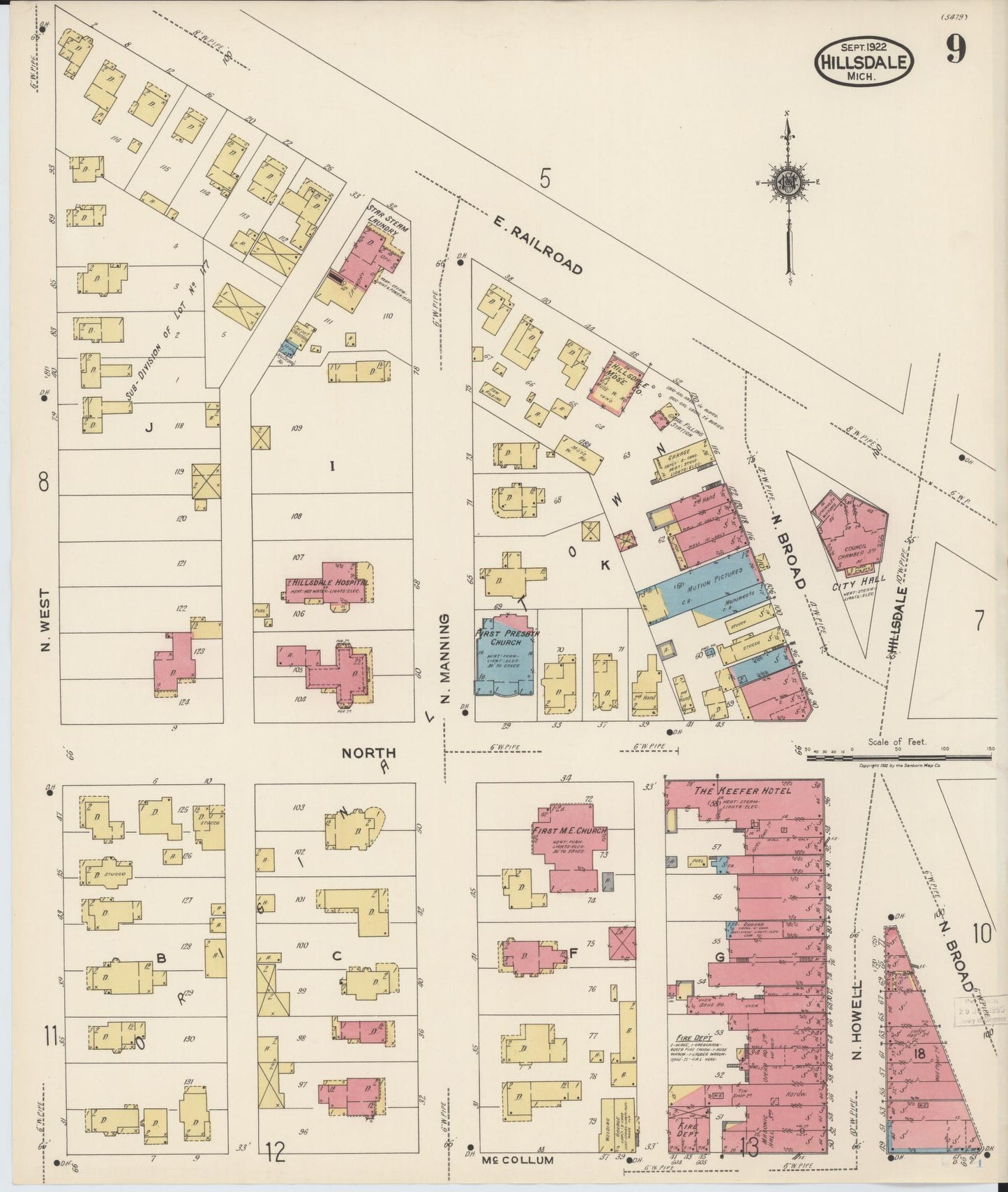 Sanborn Fire Insurance Map from Hillsdale, Hillsdale County, Michigan (1922), Sheet #0009 - Complete Map Set gallery image, historic Sanborn map, vintage wall art, Michigan Michigan