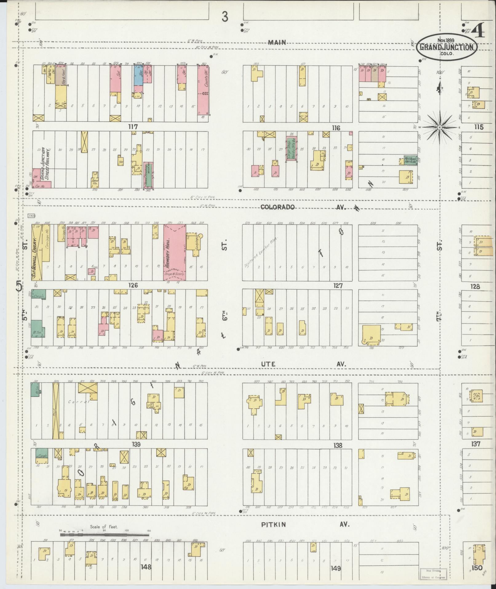 Sanborn Fire Insurance Map from Grand Junction, Mesa County, Colorado (1899), Sheet #0004 - Historic Sanborn Fire Insurance Map Print, vintage old map wall art, antique decor, genealogy gift, Colorado Colorado map