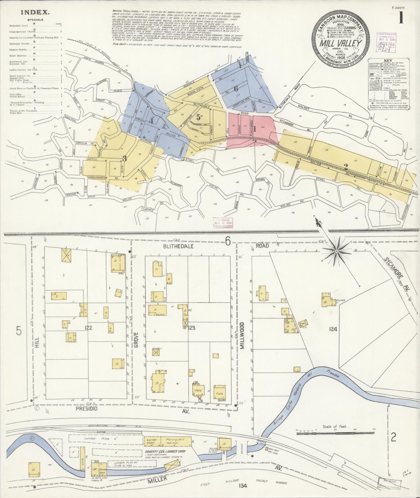 Sanborn Fire Insurance Map from Mill Valley, Marin County, California (1908), Sheet #0001 - Historic Sanborn Fire Insurance Map Print, vintage old map wall art, antique decor, genealogy gift, California California map