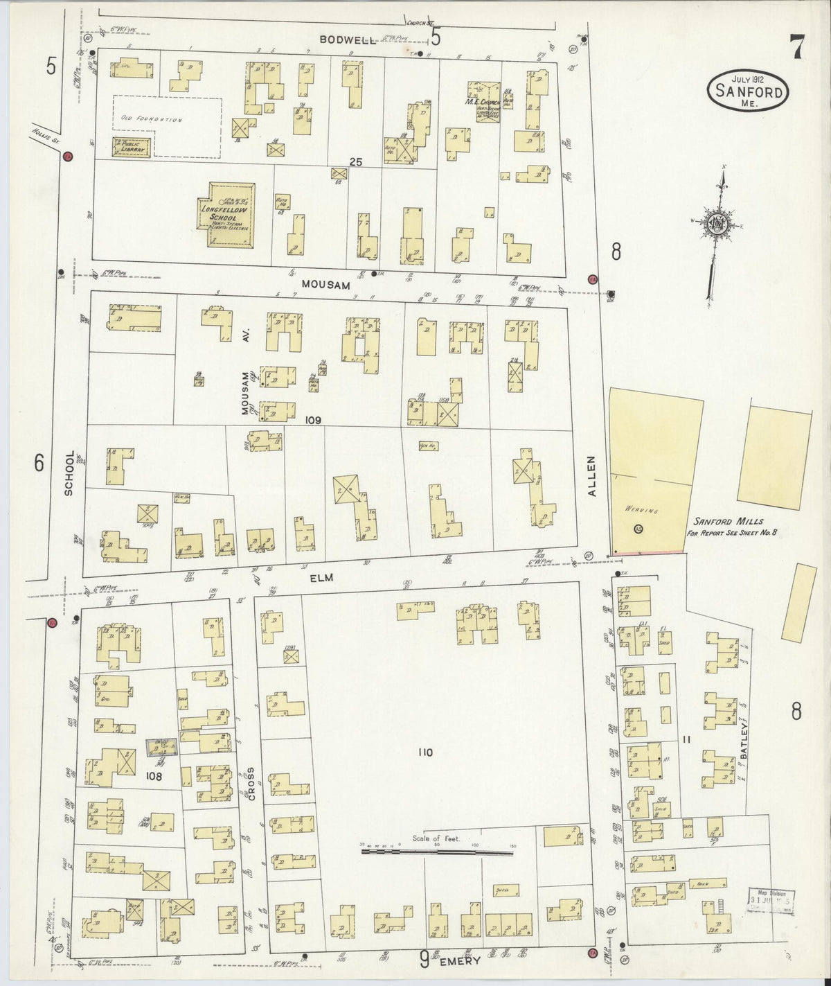 Sanborn Fire Insurance Map from Sanford, York County, Maine (1912), Sheet #0007 - Complete Map Set gallery image, historic Sanborn map, vintage wall art, Maine Maine