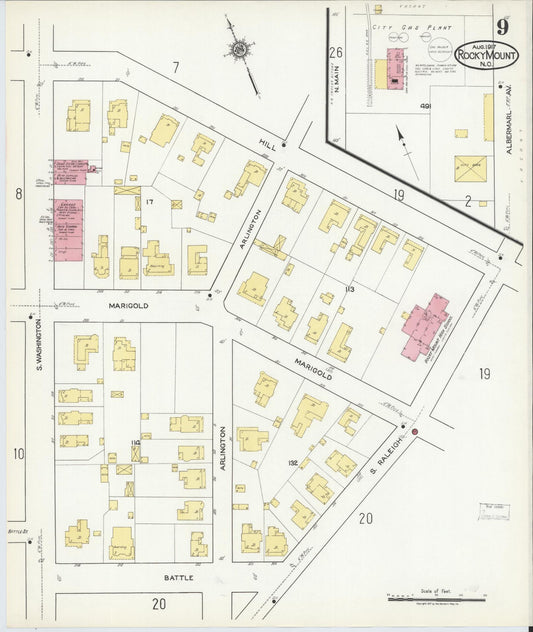 Sanborn Fire Insurance Map from Rocky Mount, Edgecombe And Nash Counties, North Carolina (1917), Sheet #0009 - Historic Sanborn Fire Insurance Map Print, vintage old map wall art, antique decor, genealogy gift, North Carolina North Carolina map