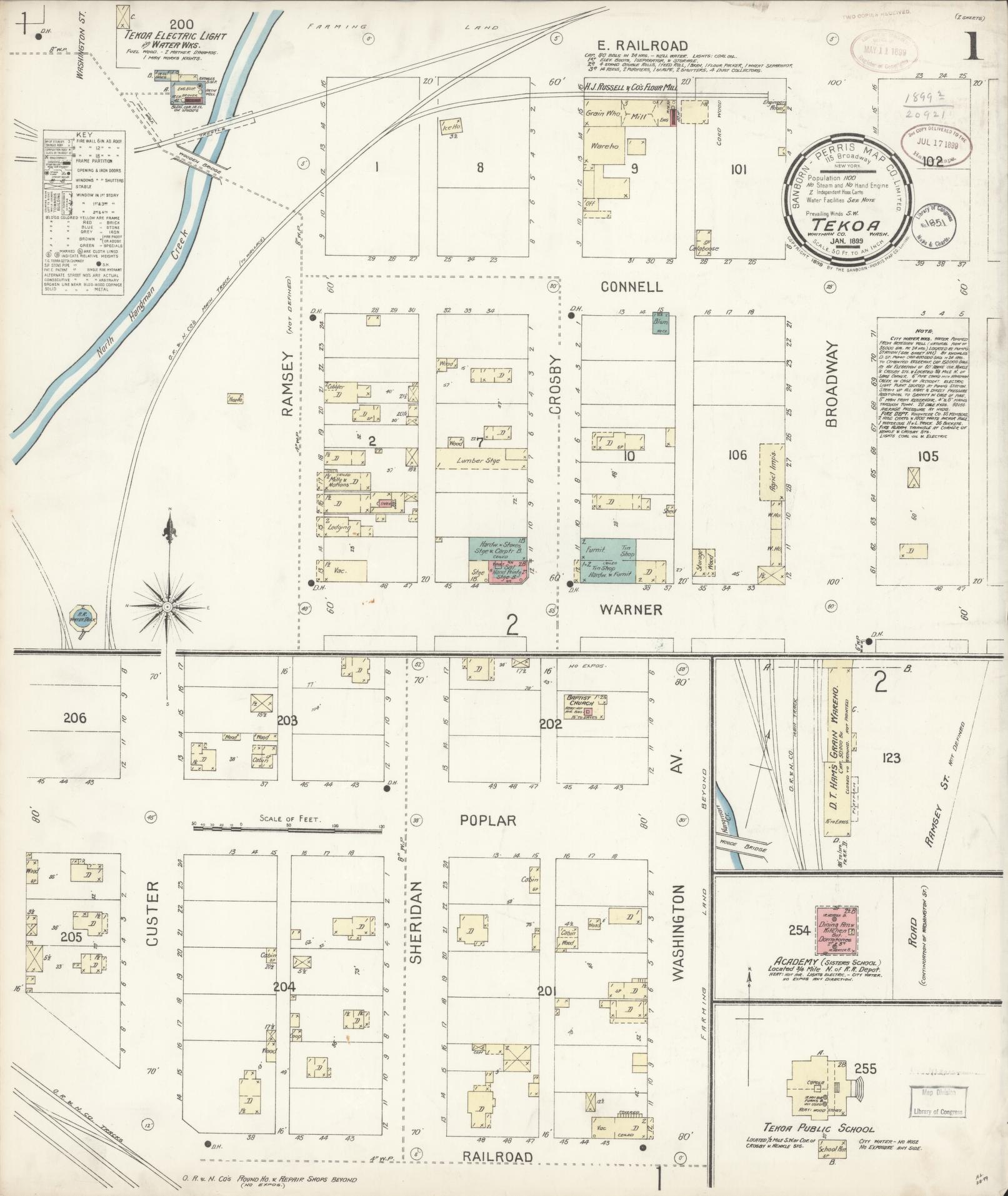 Sanborn Fire Insurance Map from Tekoa, Whitman County, Washington (1899), Sheet #0001 - Complete Map Set gallery image, historic Sanborn map, vintage wall art, Washington Washington