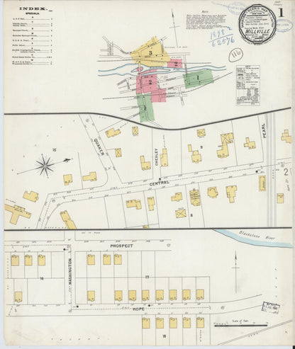 Sanborn Fire Insurance Map from Millville, Worcester County, Massachusetts (1898), Sheet #0001 - Historic Sanborn Fire Insurance Map Print, vintage old map wall art, antique decor, genealogy gift, Massachusetts Massachusetts map