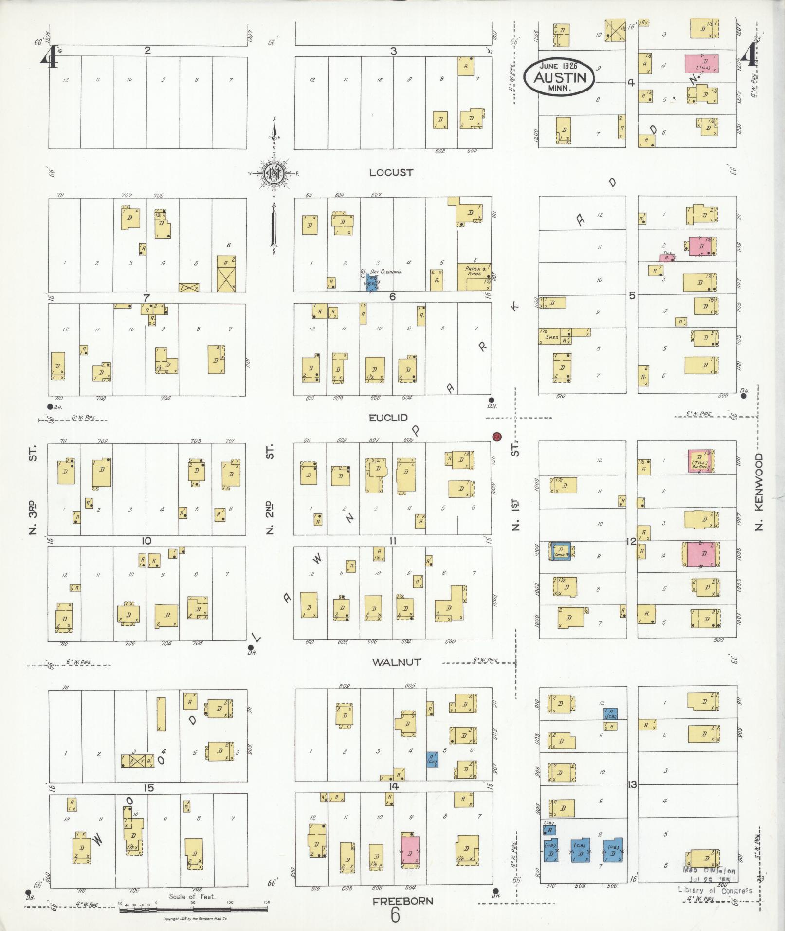 Sanborn Fire Insurance Map from Austin, Mower County, Minnesota (1926), Sheet #0004 - Historic Sanborn Fire Insurance Map Print, vintage old map wall art, antique decor, genealogy gift, Minnesota Minnesota map