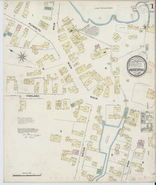Sanborn Fire Insurance Map from Meredith, Belknap County, New Hampshire (1889), Sheet #0001 - Historic Sanborn Fire Insurance Map Print, vintage old map wall art, antique decor, genealogy gift, New Hampshire New Hampshire map