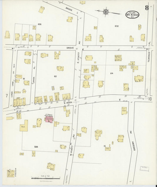 Sanborn Fire Insurance Map from Mount Kisco, Westchester County, New York (1916), Sheet #0008 - Historic Sanborn Fire Insurance Map Print, vintage old map wall art, antique decor, genealogy gift, New York New York map