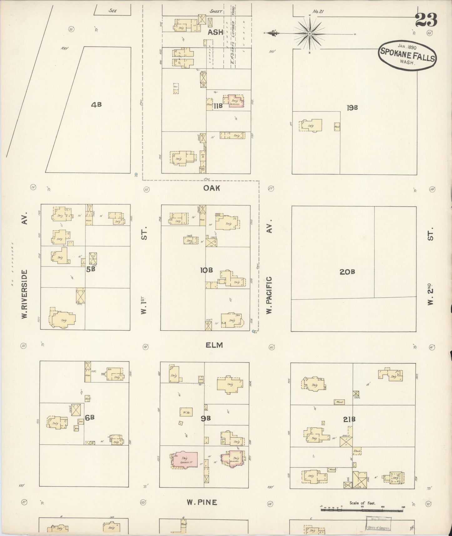 Sanborn Fire Insurance Map from Spokane, Spokane County, Washington (1890), Sheet #0023 - Historic Sanborn Fire Insurance Map Print, vintage old map wall art, antique decor, genealogy gift, Washington Washington map