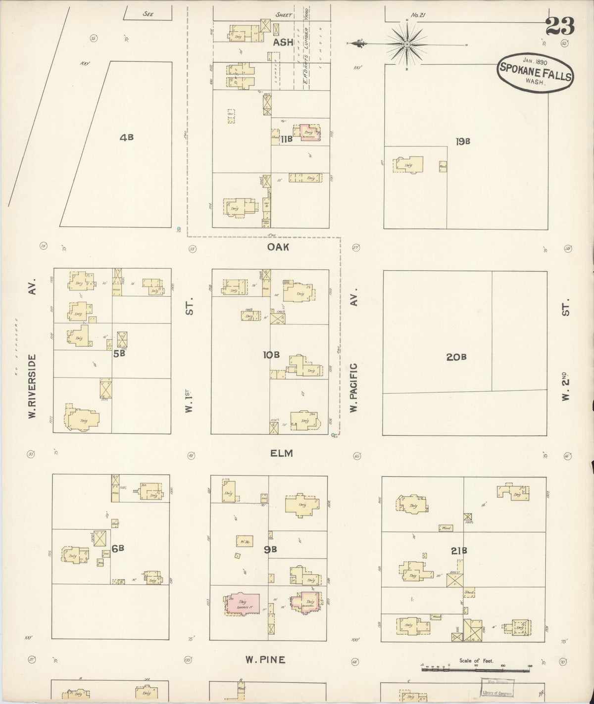 Sanborn Fire Insurance Map from Spokane, Spokane County, Washington (1890), Sheet #0023 - Historic Sanborn Fire Insurance Map Print, vintage old map wall art, antique decor, genealogy gift, Washington Washington map