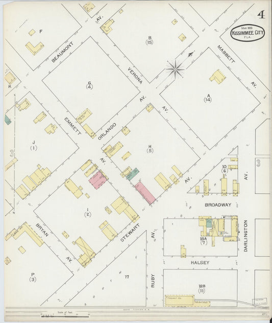 Sanborn Fire Insurance Map from Kissimmee, Osceola County, Florida (1893), Sheet #0004 - Historic Sanborn Fire Insurance Map Print, vintage old map wall art, antique decor, genealogy gift, Florida Florida map