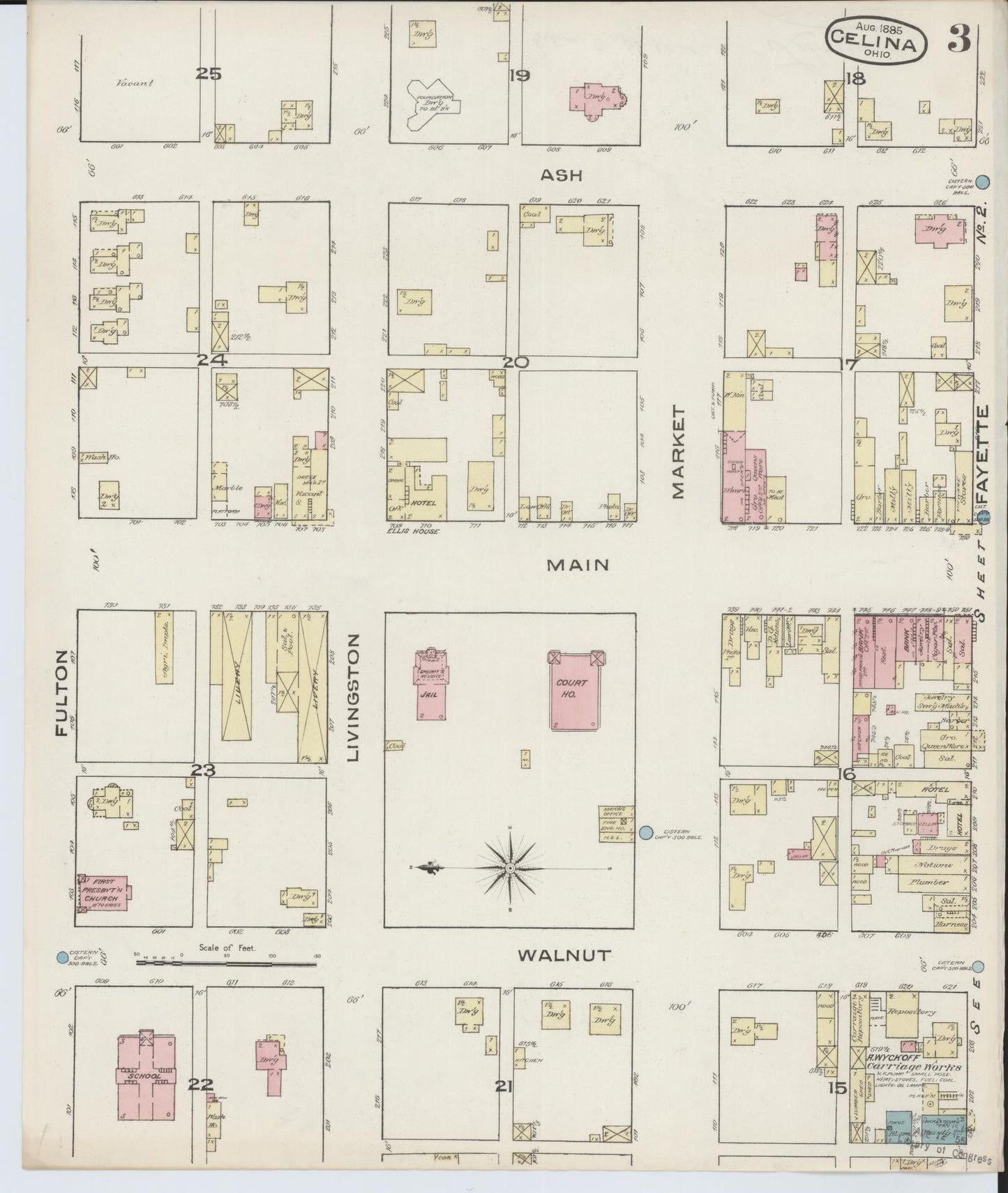 Sanborn Fire Insurance Map from Celina, Mercer County, Ohio (1885), Sheet #0003 - Historic Sanborn Fire Insurance Map Print, vintage old map wall art, antique decor, genealogy gift, Ohio Ohio map