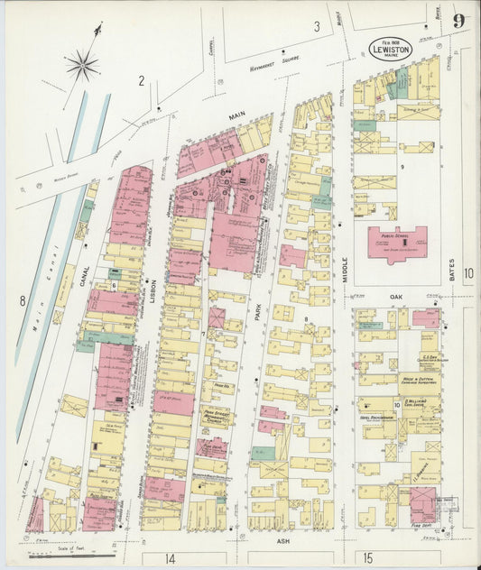 Sanborn Fire Insurance Map from Lewiston, Androscoggin County, Maine (1908), Sheet #0009 - Historic Sanborn Fire Insurance Map Print, vintage old map wall art, antique decor, genealogy gift, Maine Maine map