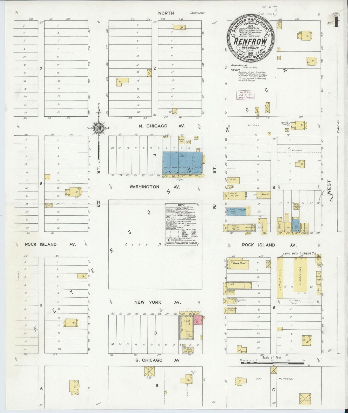Sanborn Fire Insurance Map from Renfrow, Grant County, Oklahoma (1911), Sheet #0001 - Complete Map Set gallery image, historic Sanborn map, vintage wall art, Oklahoma Oklahoma