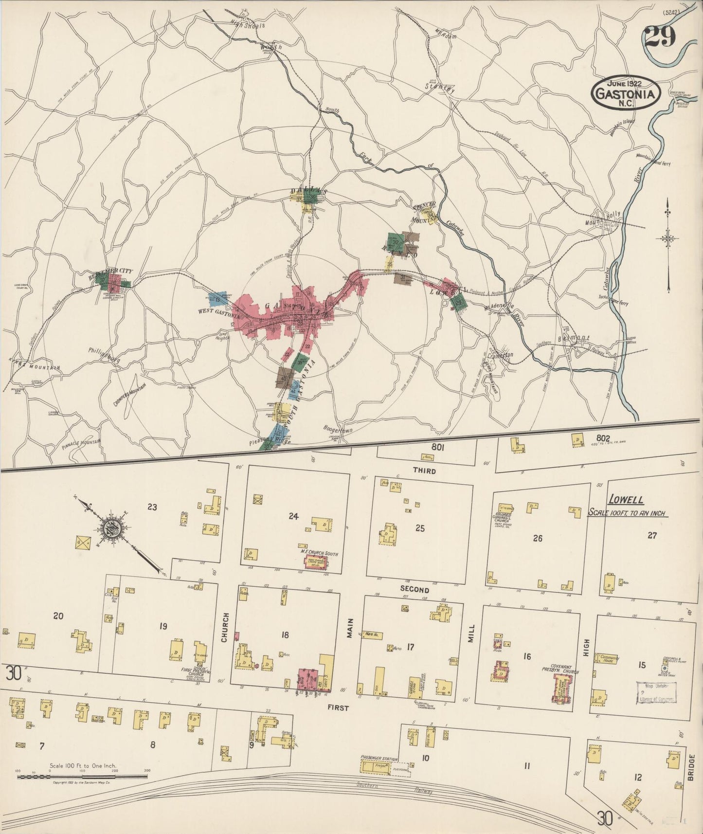 Sanborn Fire Insurance Map from Gastonia, Gaston County, North Carolina (1922), Sheet #0029 - Historic Sanborn Fire Insurance Map Print, vintage old map wall art, antique decor, genealogy gift, North Carolina North Carolina map