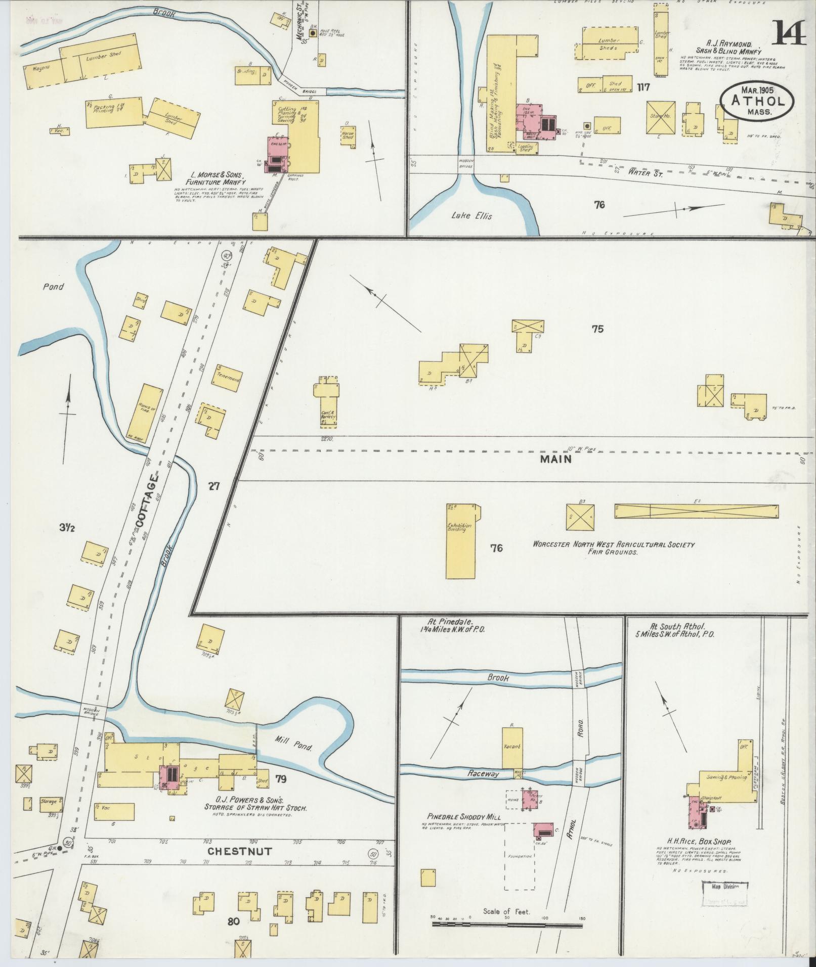 Sanborn Fire Insurance Map from Athol, Worcester County, Massachusetts (1905), Sheet #0014 - Historic Sanborn Fire Insurance Map Print, vintage old map wall art, antique decor, genealogy gift, Massachusetts Massachusetts map