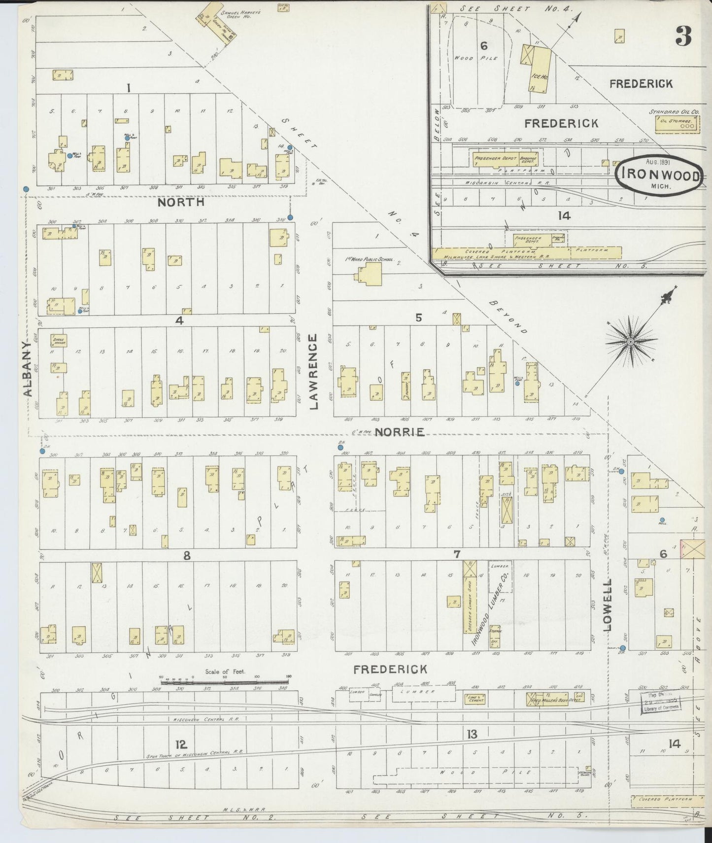 Sanborn Fire Insurance Map from Ironwood, Gogebic County, Michigan (1891), Sheet #0003 - Complete Map Set gallery image, historic Sanborn map, vintage wall art, Michigan Michigan