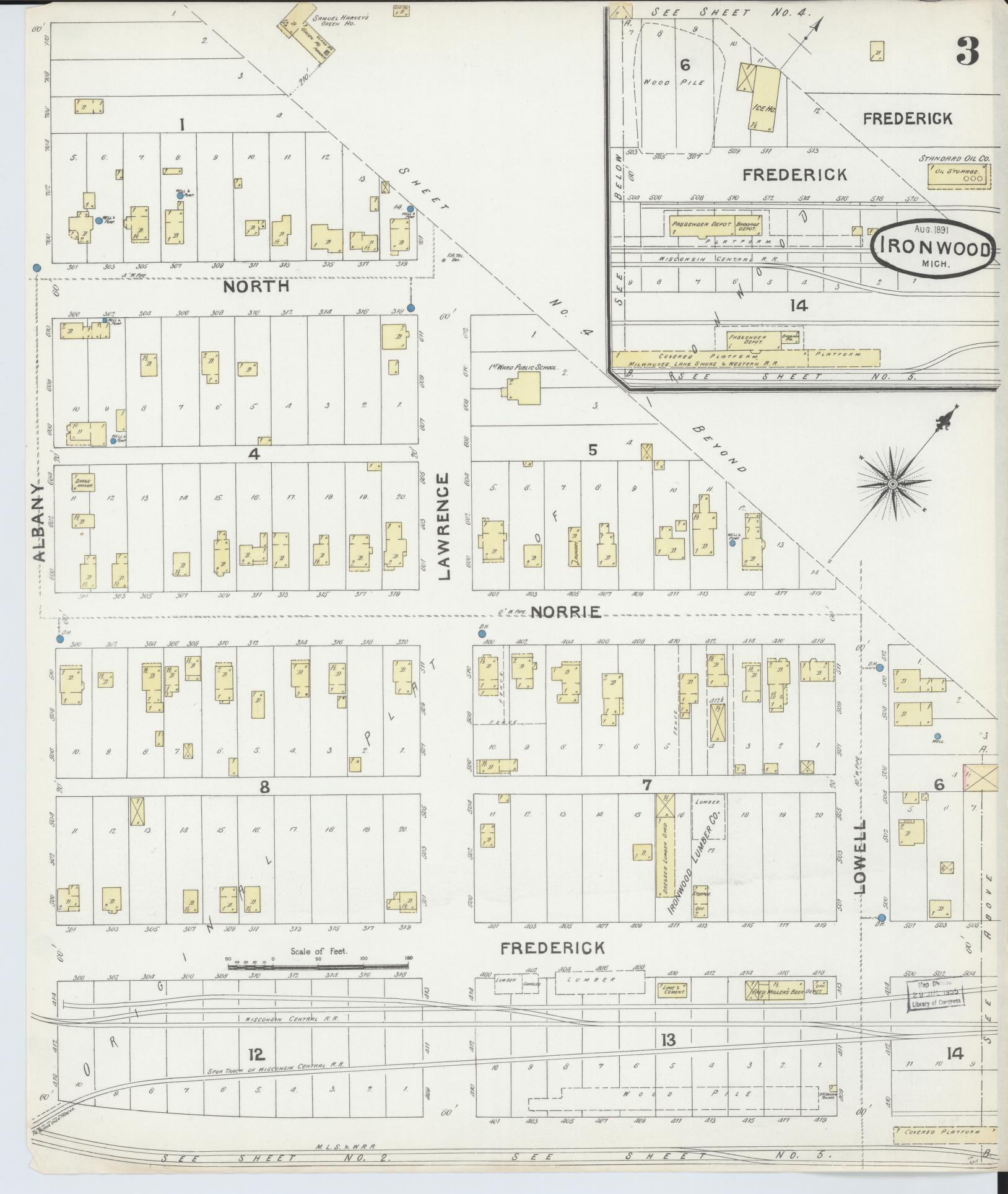 Sanborn Fire Insurance Map from Ironwood, Gogebic County, Michigan (1891), Sheet #0003 - Complete Map Set gallery image, historic Sanborn map, vintage wall art, Michigan Michigan