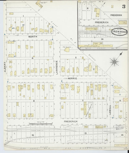Sanborn Fire Insurance Map from Ironwood, Gogebic County, Michigan (1891), Sheet #0003 - Complete Map Set gallery image, historic Sanborn map, vintage wall art, Michigan Michigan