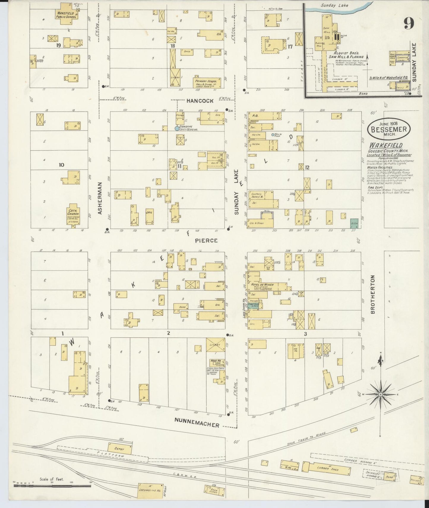 Sanborn Fire Insurance Map from Bessemer, Gogebic County, Michigan (1908), Sheet #0009 - Complete Map Set gallery image, historic Sanborn map, vintage wall art, Michigan Michigan