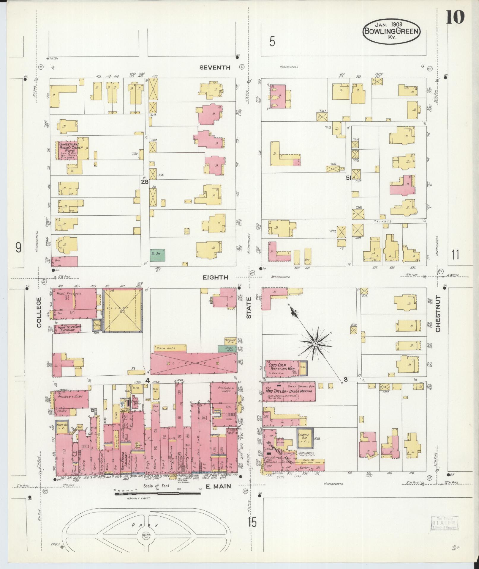 Sanborn Fire Insurance Map from Bowling Green, Warren County, Kentucky (1909), Sheet #0010 - Complete Map Set gallery image, historic Sanborn map, vintage wall art, Kentucky Kentucky