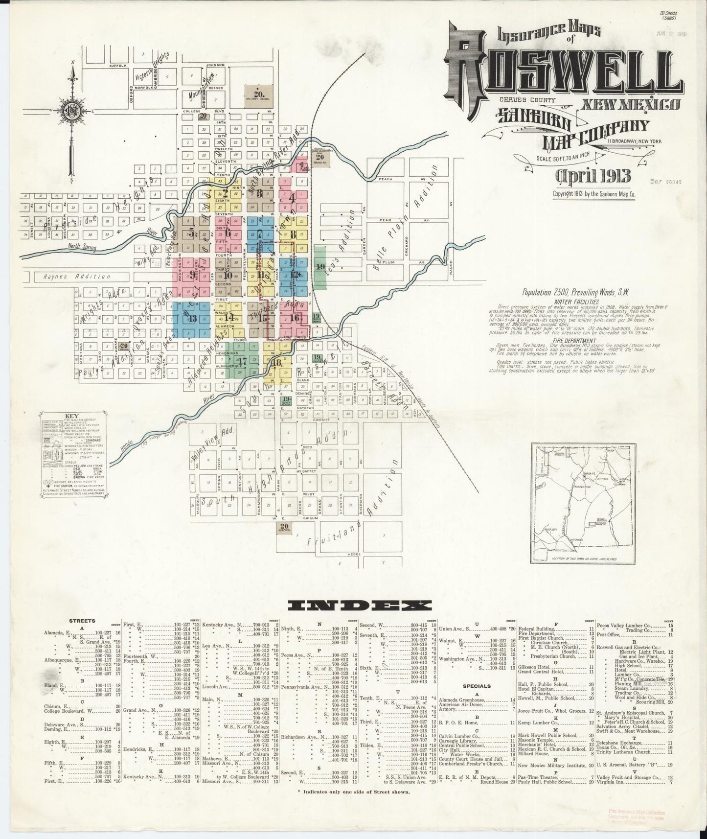 Sanborn Fire Insurance Map from Roswell, Chaves County, New Mexico (1913), Sheet #0001 - Complete Map Set gallery image, historic Sanborn map, vintage wall art, New Mexico New Mexico