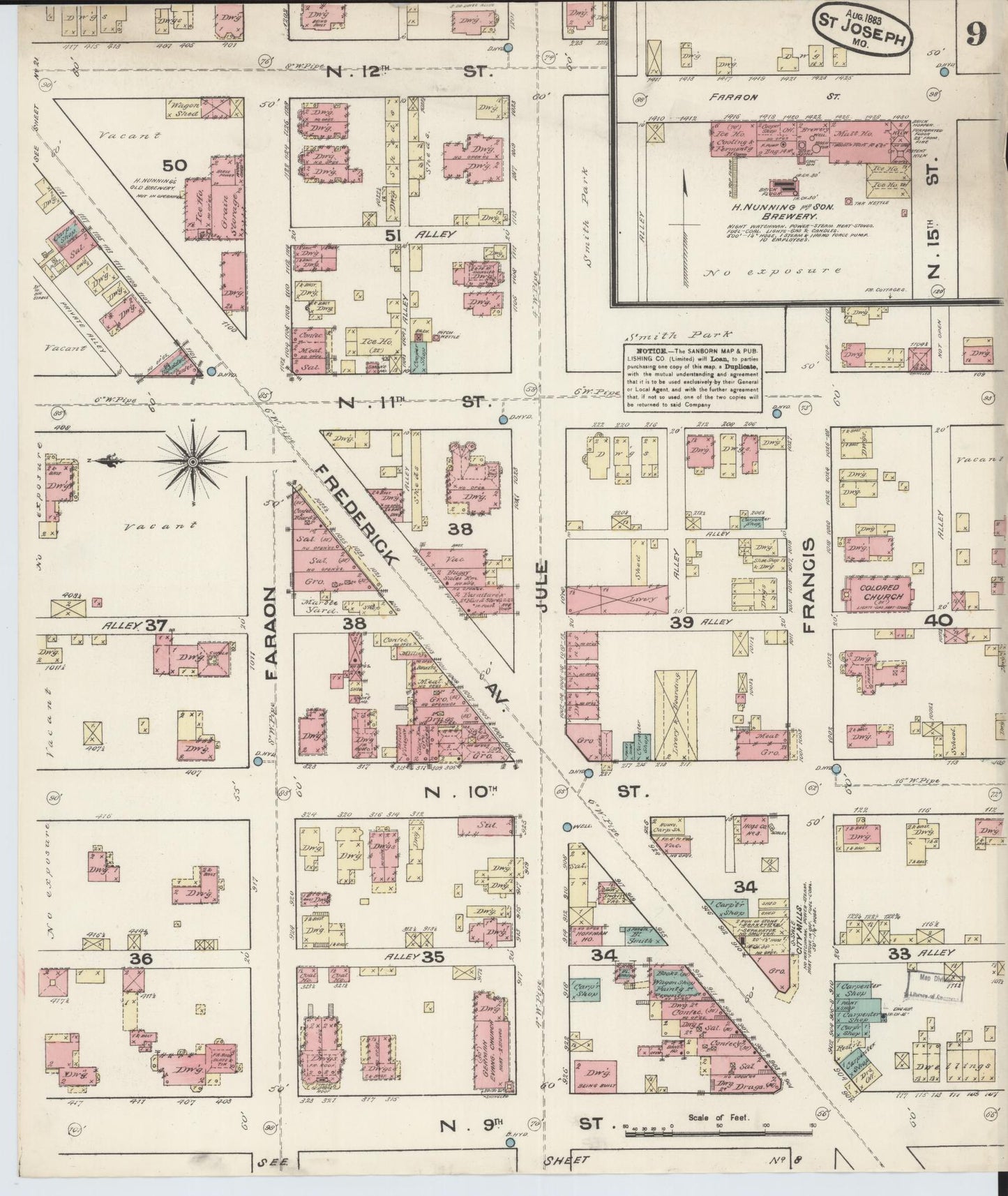Sanborn Fire Insurance Map from Saint Joseph, Buchanan County, Missouri (1883), Sheet #0009 - Historic Sanborn Fire Insurance Map Print, vintage old map wall art, antique decor, genealogy gift, Missouri Missouri map