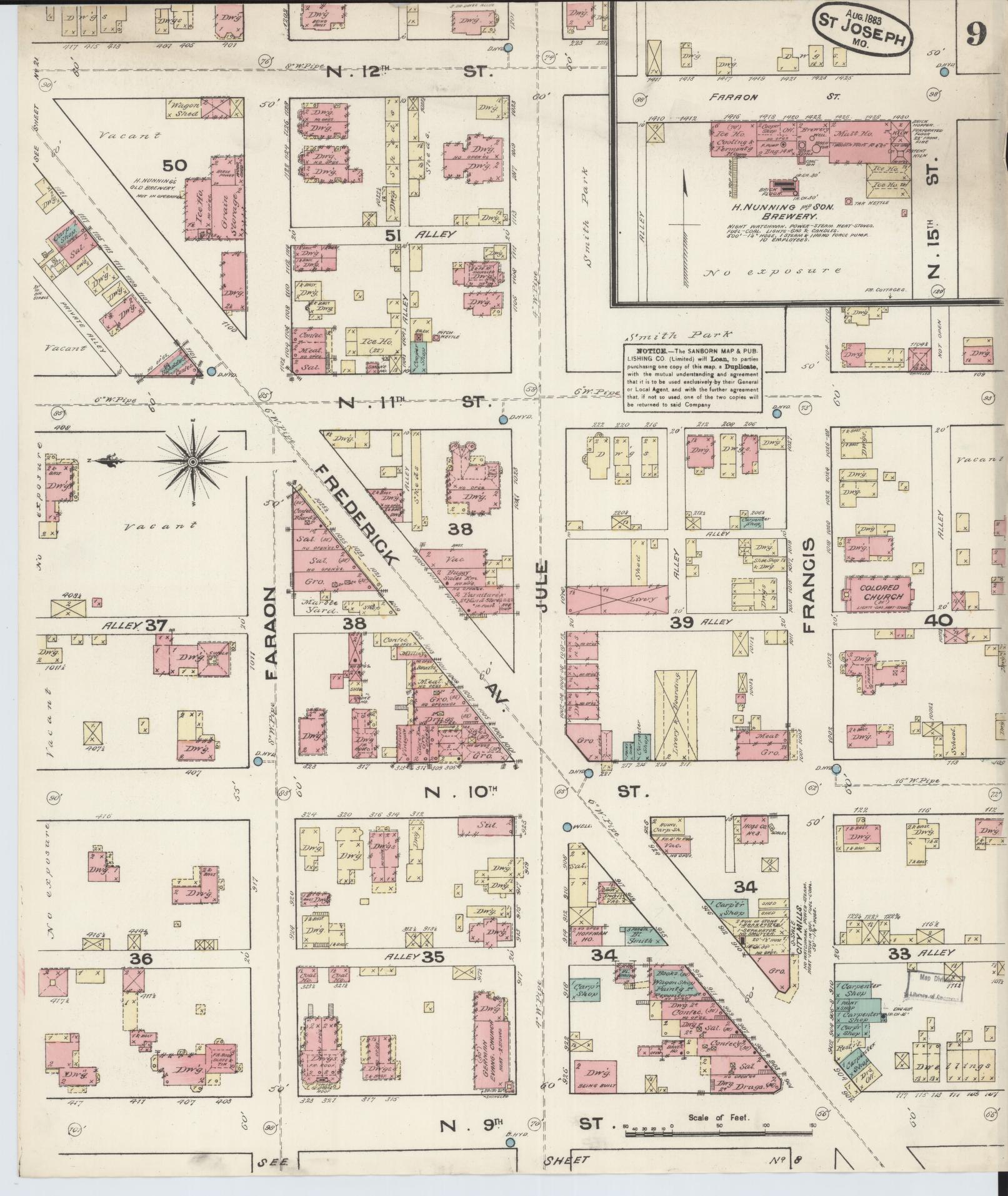 Sanborn Fire Insurance Map from Saint Joseph, Buchanan County, Missouri (1883), Sheet #0009 - Historic Sanborn Fire Insurance Map Print, vintage old map wall art, antique decor, genealogy gift, Missouri Missouri map