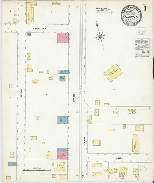 Sanborn Fire Insurance Map from Citronelle, Mobile County, Alabama (1908), Sheet #0001 - Complete Map Set gallery image, historic Sanborn map, vintage wall art, Alabama Alabama