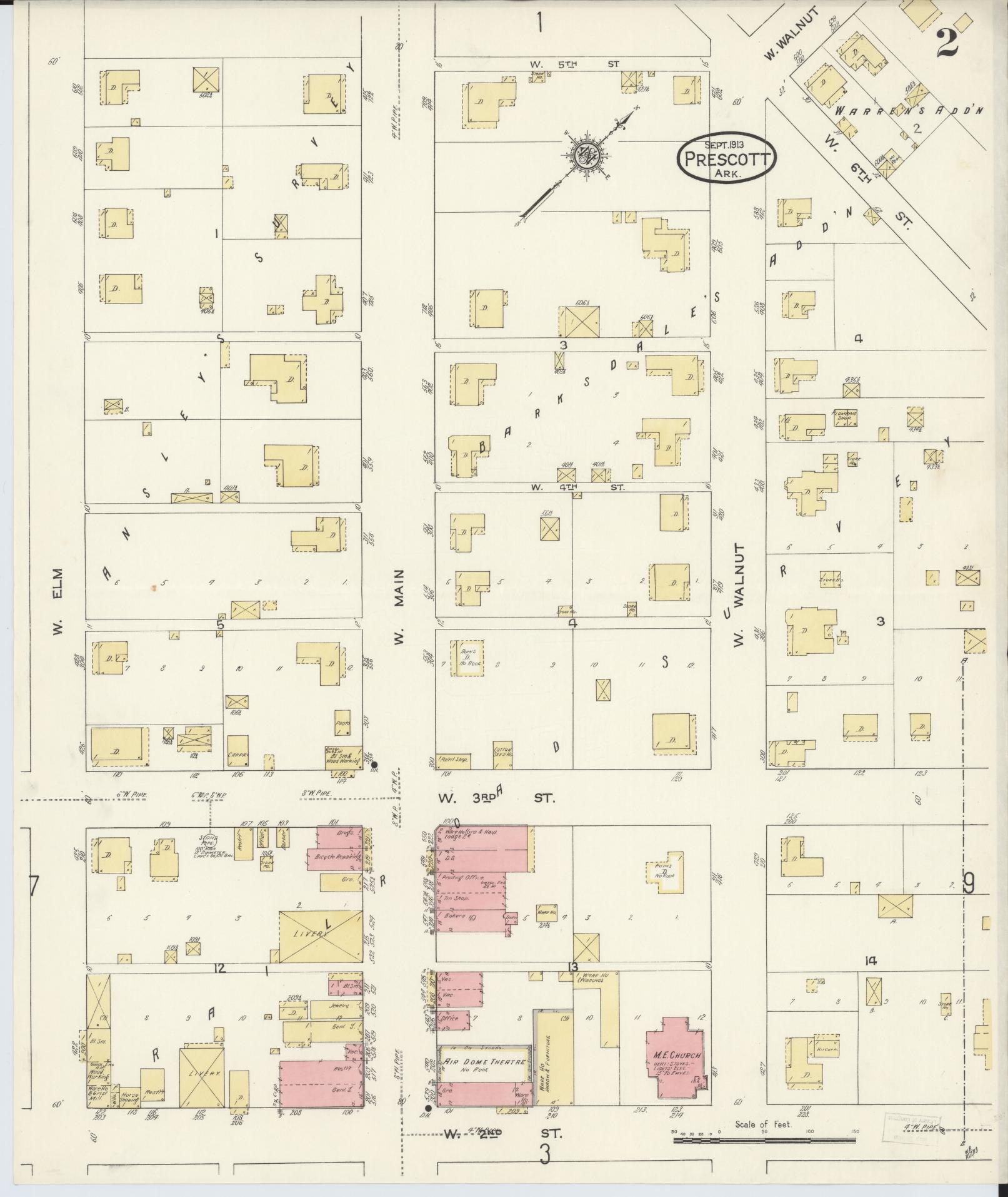 Sanborn Fire Insurance Map from Prescott, Nevada County, Arkansas (1913), Sheet #0002 - Complete Map Set gallery image, historic Sanborn map, vintage wall art, Arkansas Arkansas