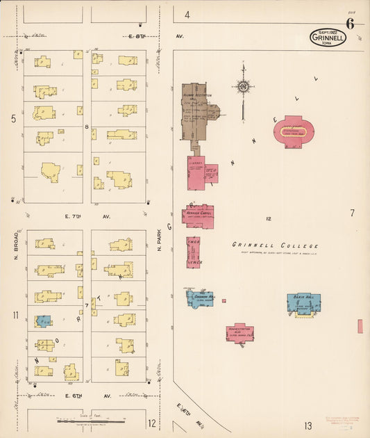 Sanborn Fire Insurance Map from Grinnell, Poweshiek County, Iowa (1922), Sheet #0006 - Historic Sanborn Fire Insurance Map Print, vintage old map wall art
