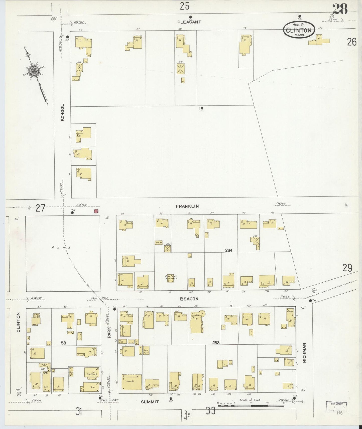 Sanborn Fire Insurance Map from Clinton, Worcester County, Massachusetts (1911), Sheet #0028 - Historic Sanborn Fire Insurance Map Print, vintage old map wall art, antique decor, genealogy gift, Massachusetts Massachusetts map