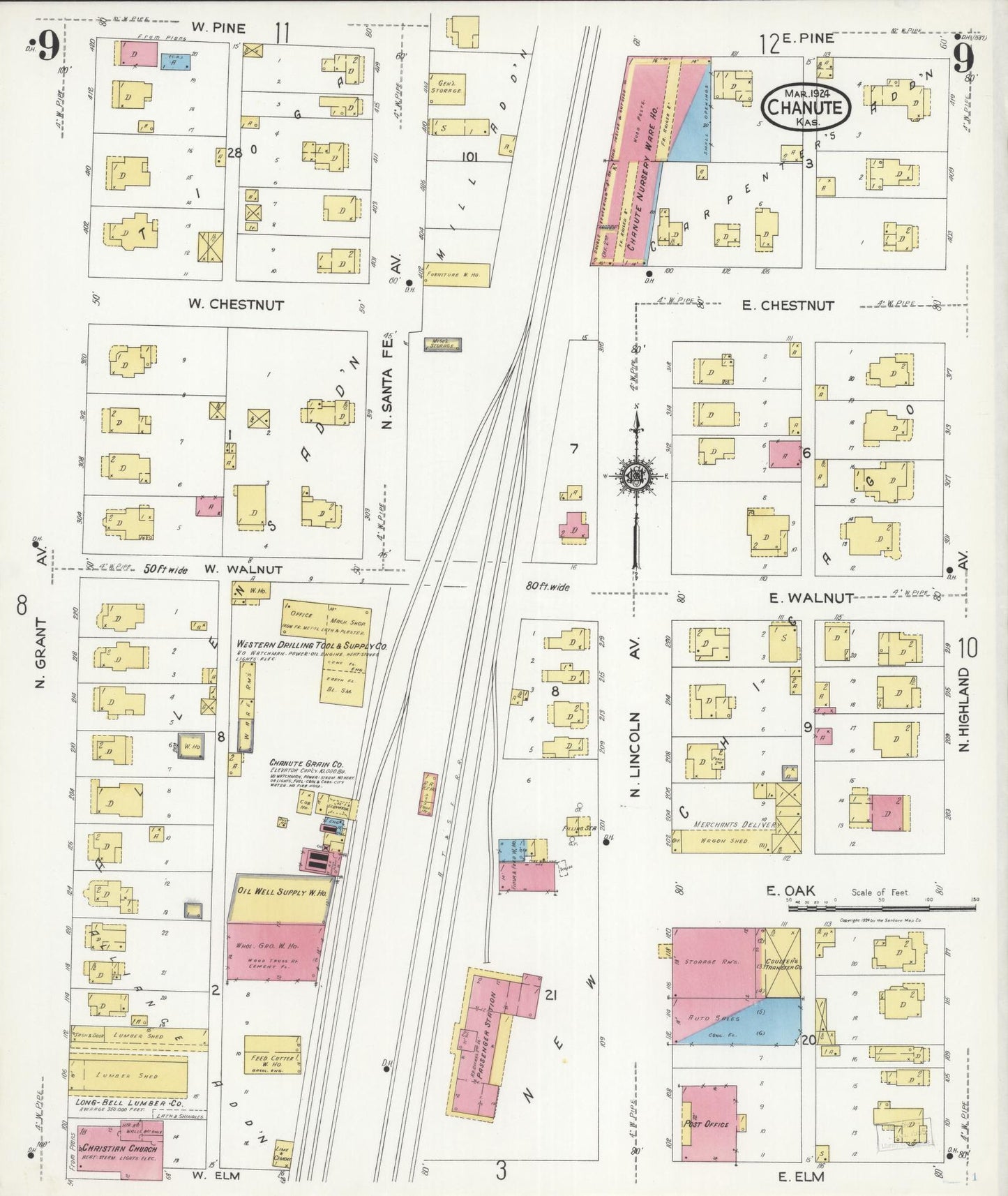 Sanborn Fire Insurance Map from Chanute, Neosho County, Kansas (1924), Sheet #0009 - Historic Sanborn Fire Insurance Map Print, vintage old map wall art, antique decor, genealogy gift, Kansas Kansas map