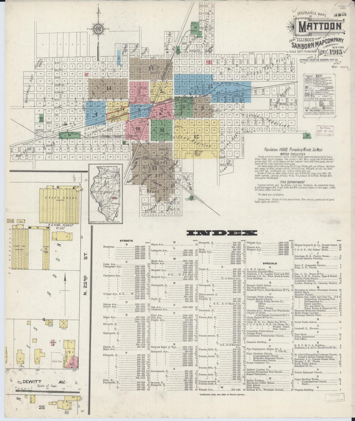 Sanborn Fire Insurance Map from Mattoon, Coles County, Illinois (1915), Sheet #0001 - Historic Sanborn Fire Insurance Map Print, vintage old map wall art, antique decor, genealogy gift, Illinois Illinois map