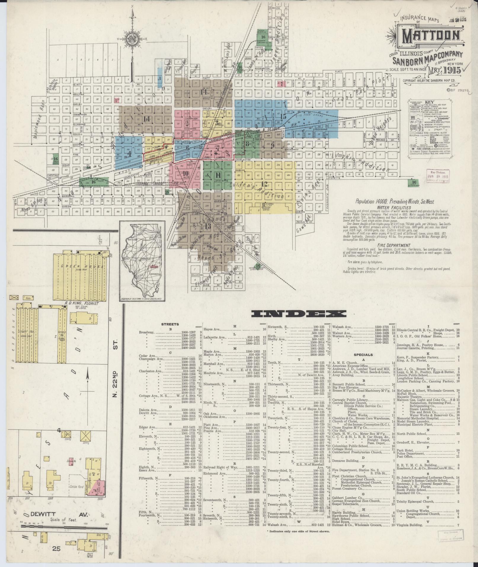 Sanborn Fire Insurance Map from Mattoon, Coles County, Illinois (1915), Sheet #0001 - Historic Sanborn Fire Insurance Map Print, vintage old map wall art, antique decor, genealogy gift, Illinois Illinois map