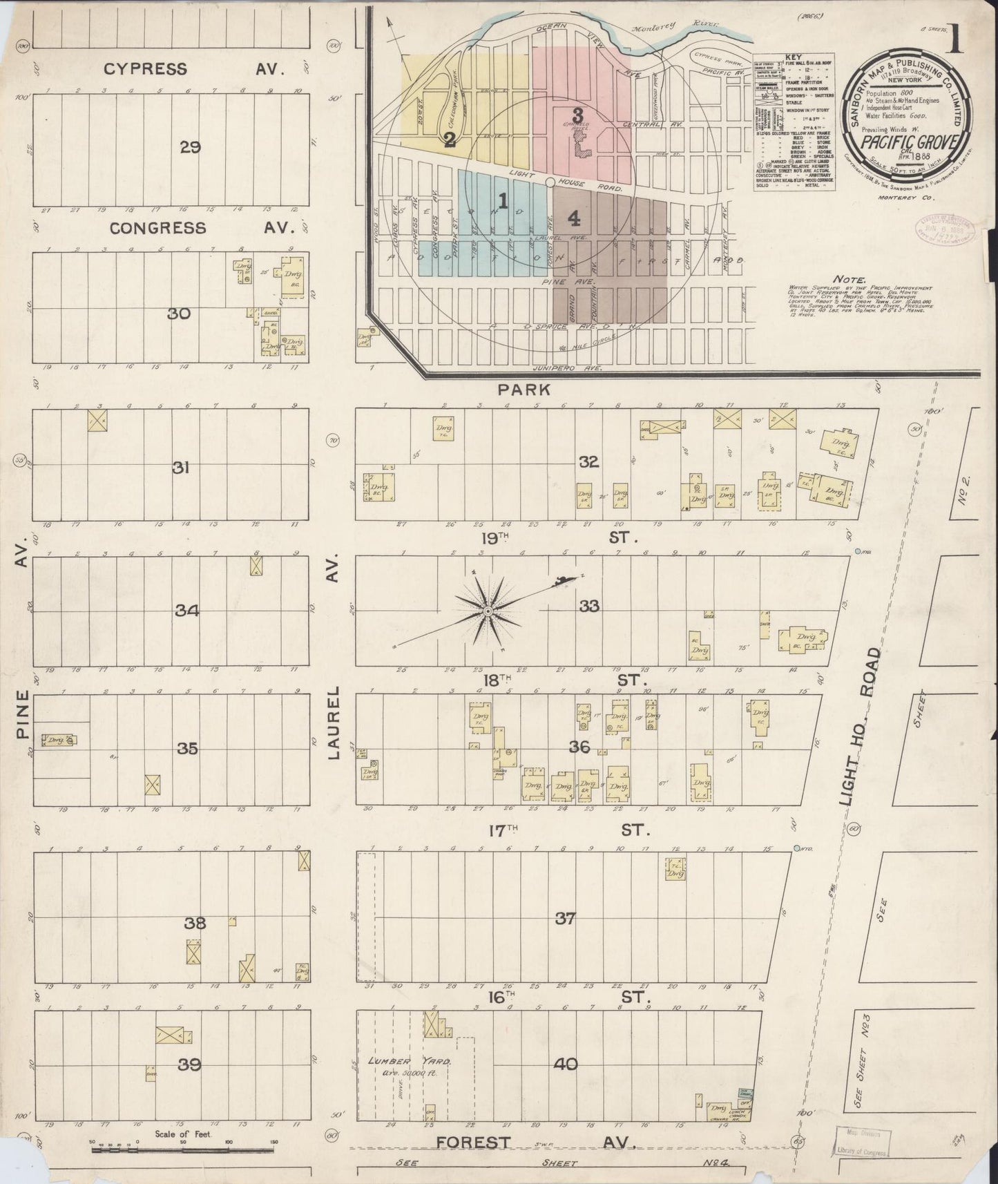 Sanborn Fire Insurance Map from Pacific Grove, Monterey County, California (1888), Sheet #0001 - Complete Map Set gallery image, historic Sanborn map, vintage wall art, California California