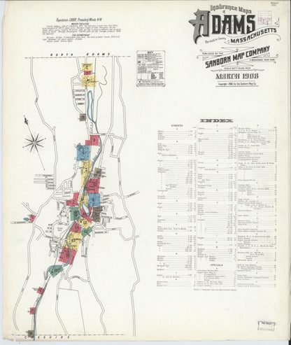 Sanborn Fire Insurance Map from Adams, Berkshire County, Massachusetts (1908), Sheet #0001 - Historic Sanborn Fire Insurance Map Print, vintage old map wall art, antique decor, genealogy gift, Massachusetts Massachusetts map