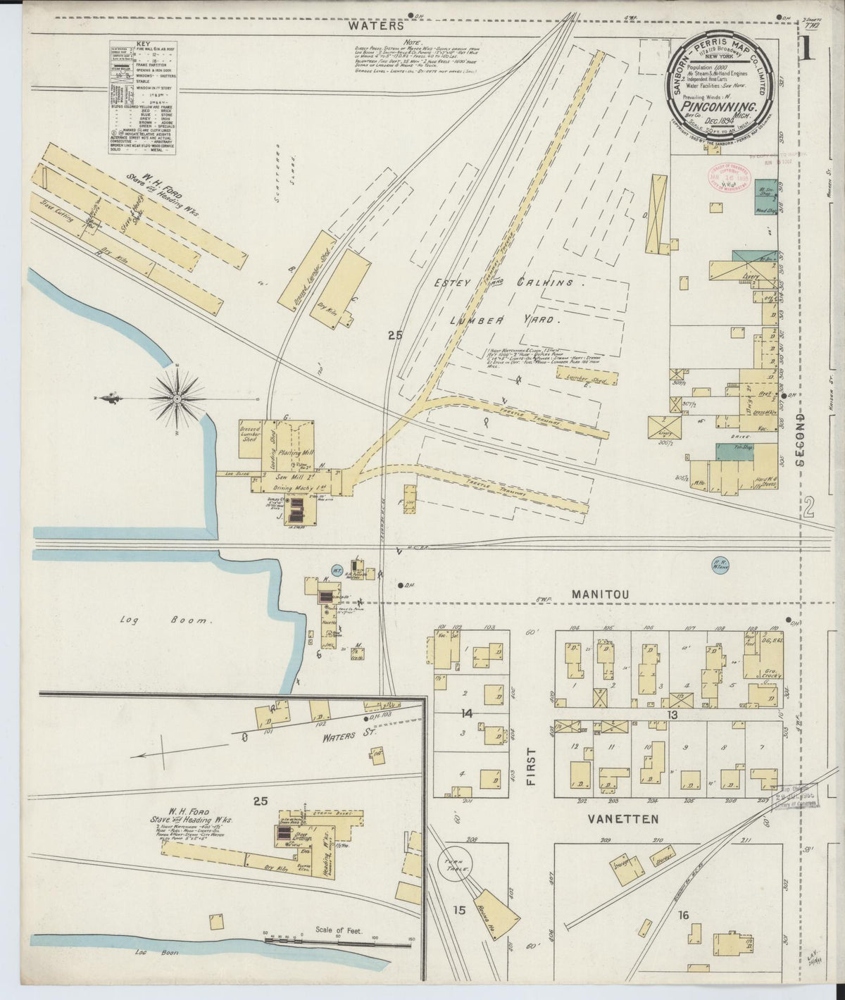 Sanborn Fire Insurance Map from Pinconning, Bay County, Michigan (1894), Sheet #0001 - Historic Sanborn Fire Insurance Map Print, vintage old map wall art, antique decor, genealogy gift, Michigan Michigan map