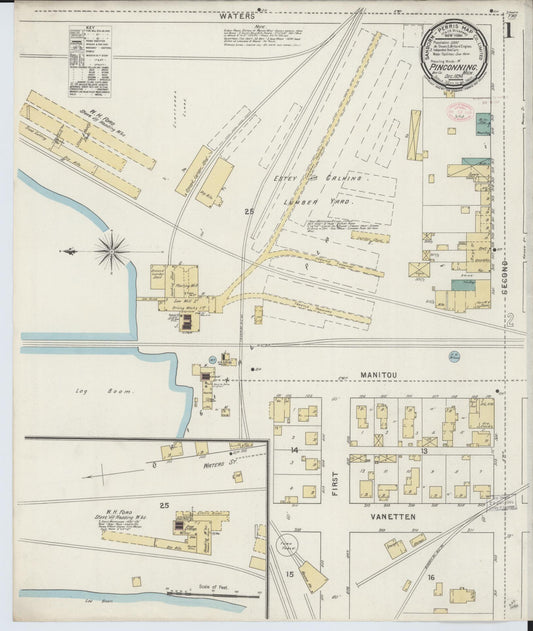 Sanborn Fire Insurance Map from Pinconning, Bay County, Michigan (1894), Sheet #0001 - Historic Sanborn Fire Insurance Map Print, vintage old map wall art, antique decor, genealogy gift, Michigan Michigan map