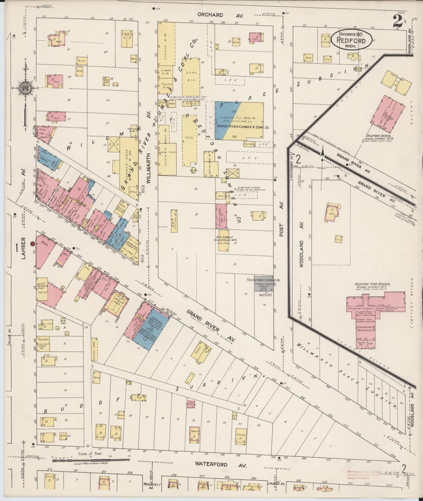 Sanborn Fire Insurance Map from Redford, Wayne County, Michigan (1921), Sheet #0002 - Complete Map Set gallery image, historic Sanborn map, vintage wall art, Michigan Michigan