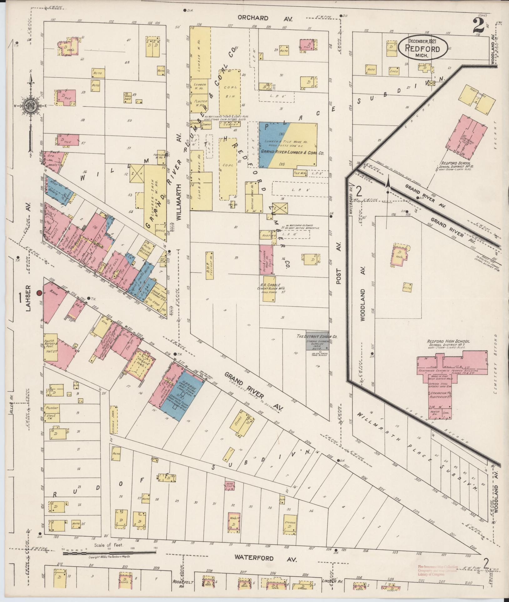 Sanborn Fire Insurance Map from Redford, Wayne County, Michigan (1921), Sheet #0002 - Complete Map Set gallery image, historic Sanborn map, vintage wall art, Michigan Michigan